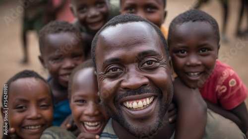 Portrait of adult African man teacher surrounded with happy, exited children outdoor. Generative AI © Budimir Jevtic