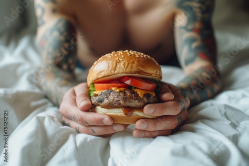 close-up on male man hands with tattoos holding a sandwich hamburger on white hotel textile bed sheets background