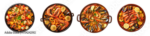 verities of Portuguese dishes , seafood, shrimp, , prawn and other fishes, on curry pan. isolated on transparent background. PNG, cutout, or clipping path. 