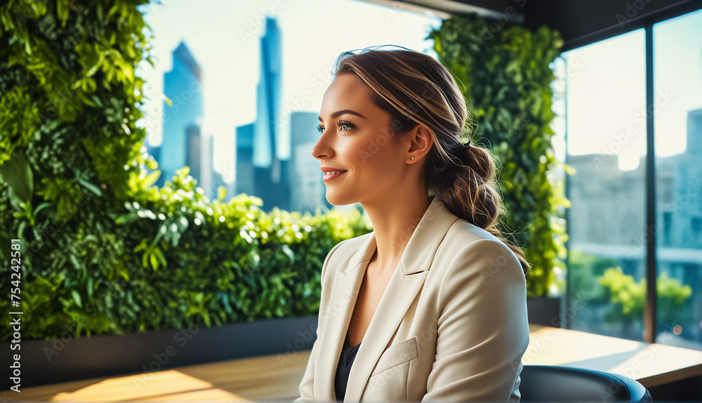 portrait of a business women modern green office spaces with planted walls