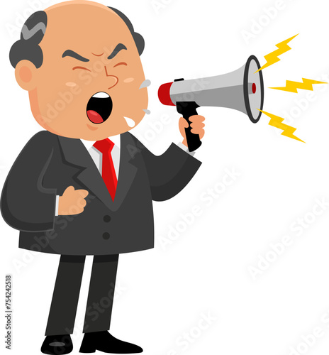 Business Boss Man Cartoon Character Screaming Into Megaphone. Vector Illustration Flat Design Isolated On Transparent Background