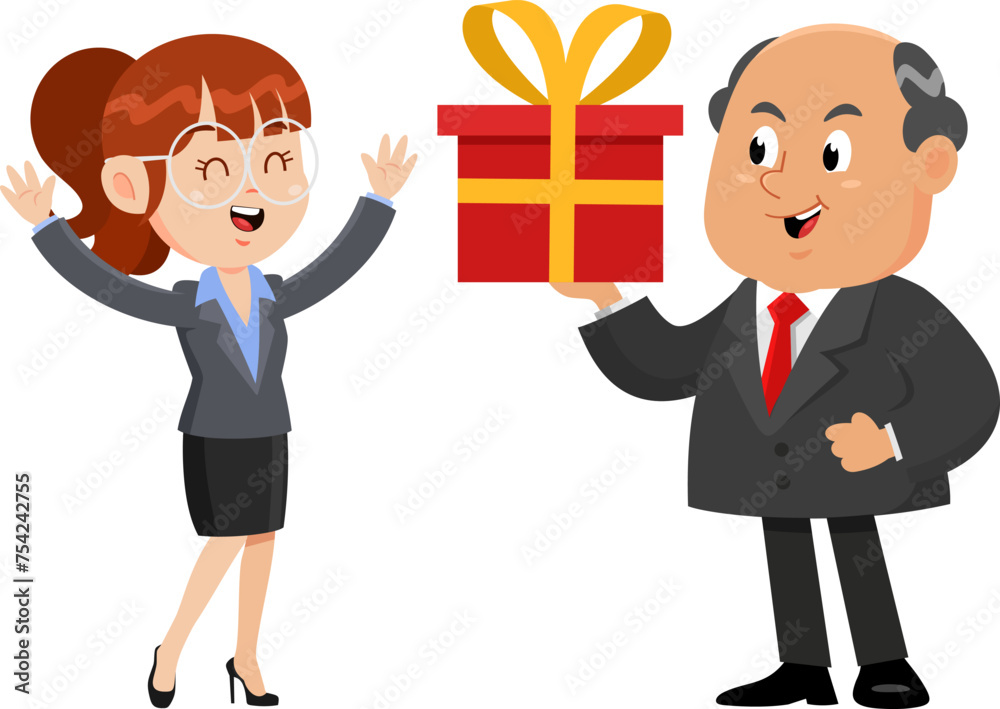 Happy Business Boss Man Surprising Secretary With Gift Cartoon Characters. Vector Illustration Flat Design Isolated On Transparent Background Happy Business Boss Man Surprising Secretary With Gift Cartoon Characters. Vector Illustration Flat Design Isolated On Transparent Background