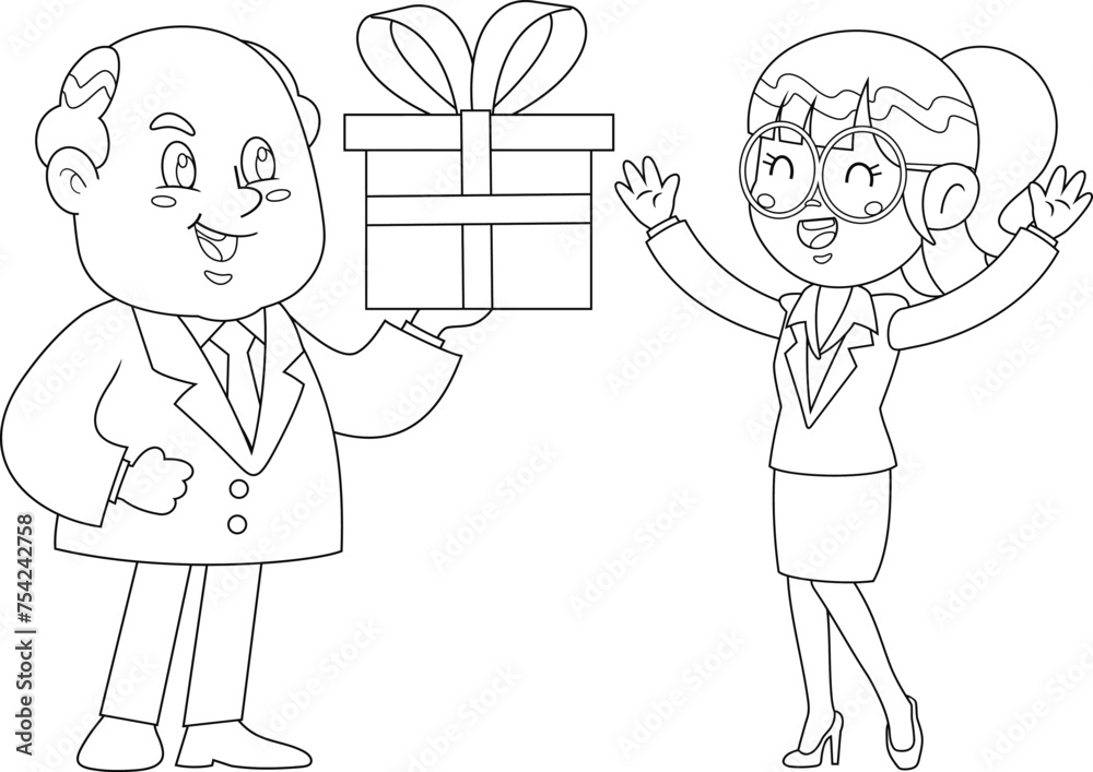 Outlined Happy Business Boss Man Surprising Secretary With Gift Cartoon Characters. Vector Hand Drawn Illustration Isolated On Transparent Background