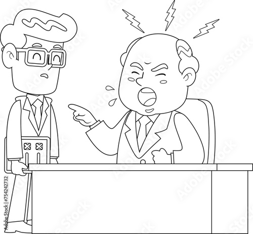 Outlined Angry Business Boss Man Firing An Employee Cartoon Characters. Vector Hand Drawn Illustration Isolated On Transparent Background