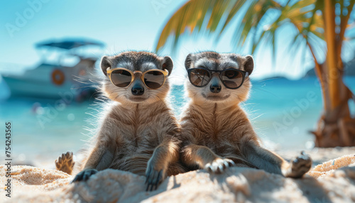 meerkat lovers in sunglasses relax on a wet beach on vacation.