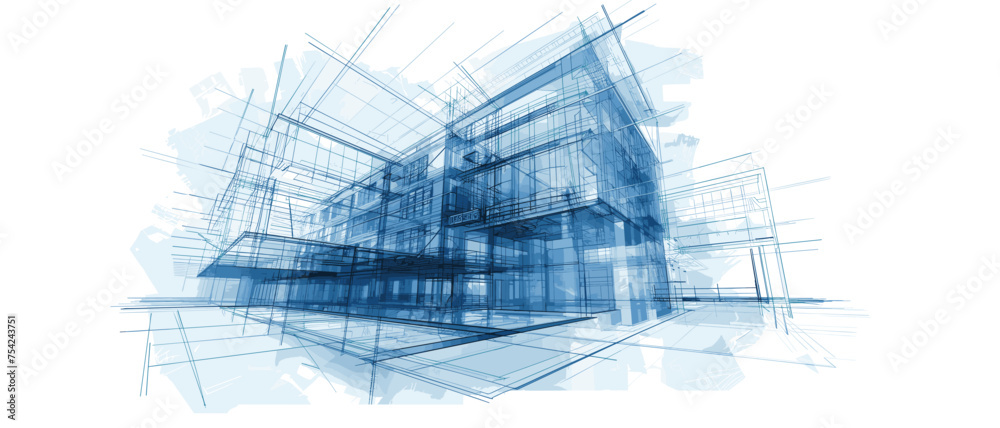 Architectural concept drawing of an urban residential complex in a blueprint sketch style with modern building construction