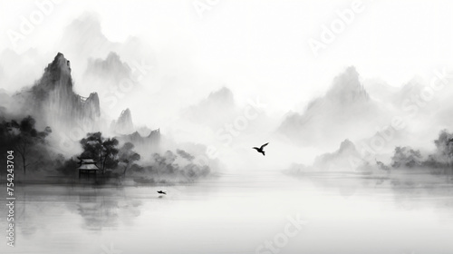 Chinese style ink and wash landscape painting scene  © Anaya