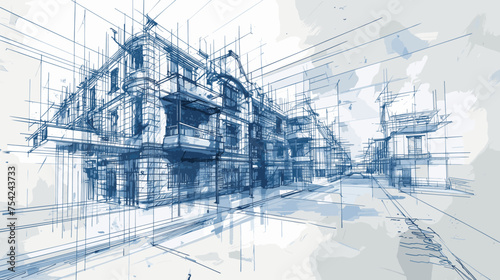 Architectural concept drawing of an urban residential complex in a blueprint sketch style with modern building construction