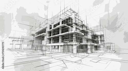 Architectural concept drawing of an urban residential complex in a blueprint sketch style with modern building construction