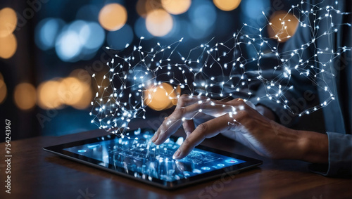 Programmer utilizes a digital tablet for AI, machine learning, and cloud computing, framed by bokeh lights, symbolizing the essence of digital technology.