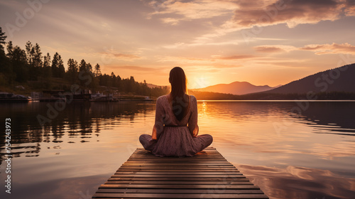 woman meditating on the lake at sunrise