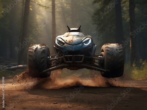 A blue ATV races through a dusty forest trail, an embodiment of adventure and thrill photo