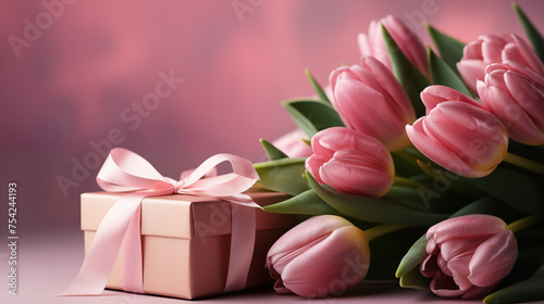 Pink tulips with gift. Mothers Day, Valentines Day, Birthday