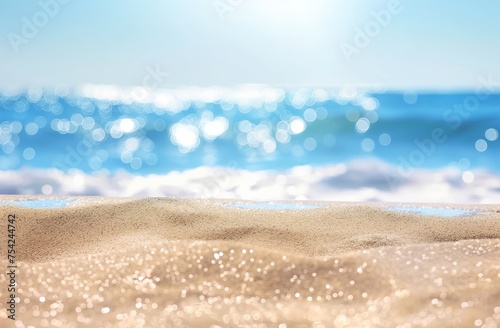 Sandy beach and defocused crystal clear ocean water in sparklecore aesthetic, set against light blue and beige tones, bokeh panorama, minimalist clear background.