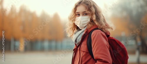 A woman, wearing an autumn jacket and a medical face mask, walks down a street. She looks tired, possibly from having to wear a mask constantly, a precaution during school and outdoor activities. photo