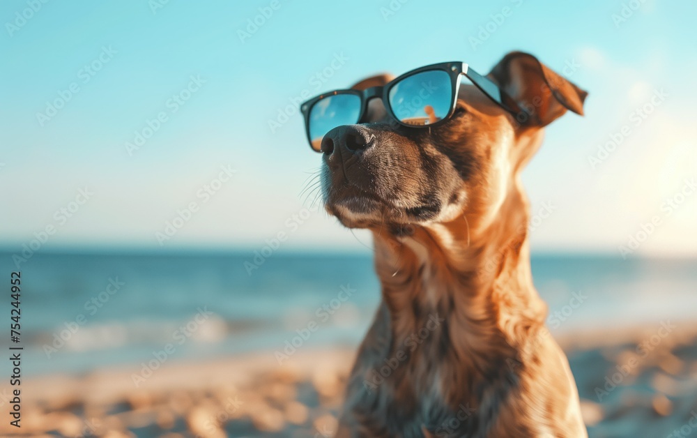 Cool Canine on the Shore, A dog exudes coolness with a pair of sunglasses perched on its nose, gazing out over the beach, embodying a sense of summer vibes and relaxed beach life. - obrazy, fototapety, plakaty 