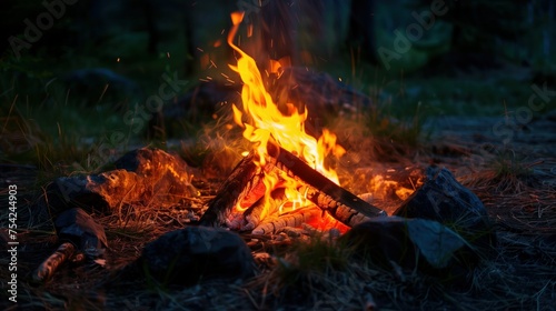 Twilight Ember Glow, a crackling campfire ignites with warm embers, offering a comforting presence in the great outdoors, with the glow illuminating the surrounding pine needles and rocks.