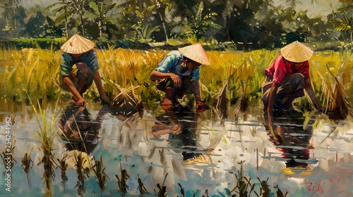 Asian female farmer planting rice © Ziyan Yang