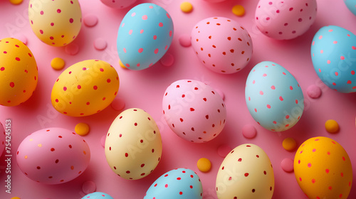 Colorful Eggs on Pink Surface: 3D Render by Alison Ge Exclusive 3D render of colorful eggs on pink surface by Alison Geissler, a Pixabay contest winner, showcasing postminimalism in Cinema4D and Maya photo