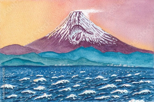 伊豆大島の冬 夕日に映える白波越しの富士の絶景 