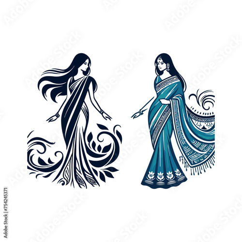 Fashion saree logo design with women figure template or clothing logo design illustration, Generative Ai.