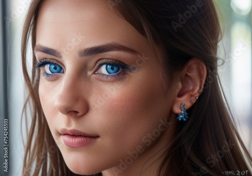Close up fashion potrait of woman with blue eyes. Natural make up.