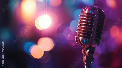 background for singer and music with retro microphone and blurred bokeh background
