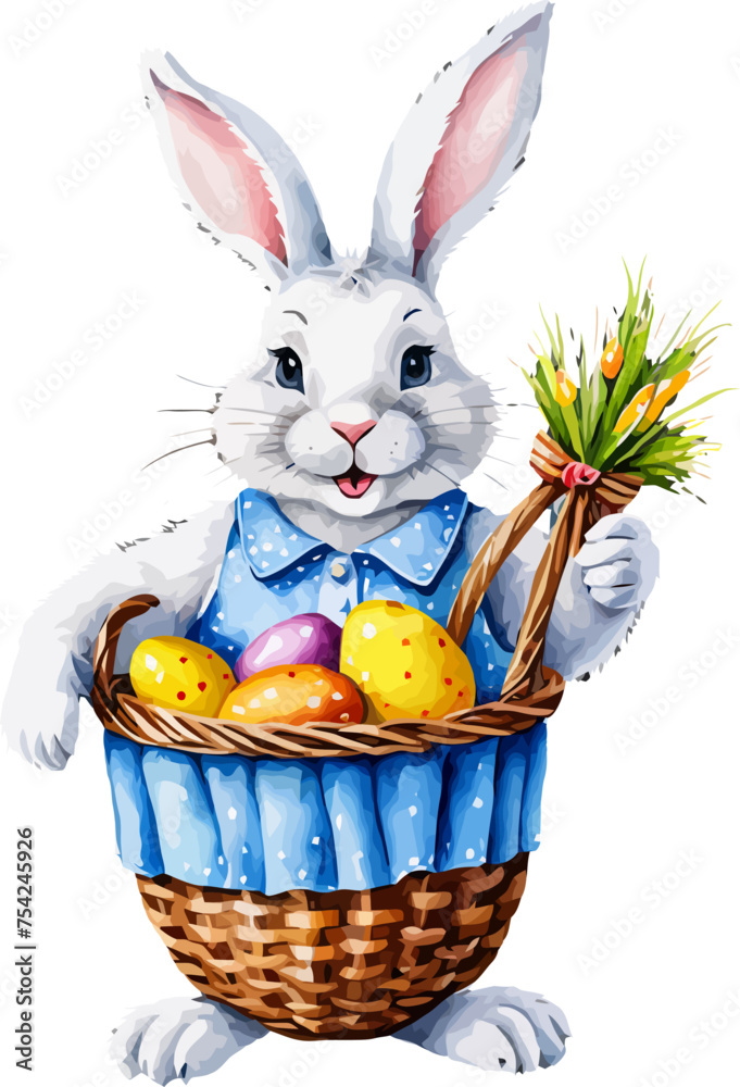 Easter bunny with wicker basket and easter eggs. Cartoon illustration. A vector in watercolor style Easter bunny with wicker basket and easter eggs. Cartoon illustration. A vector in watercolor style