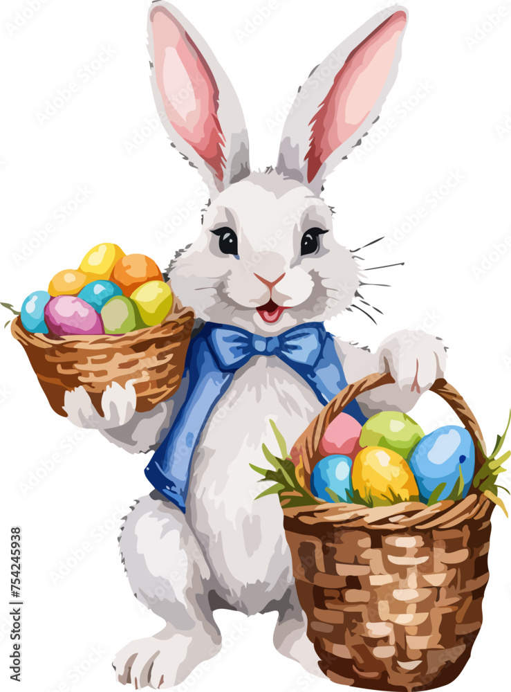 Poster Affiche Easter bunny with wicker basket and easter eggs 30x40 cm