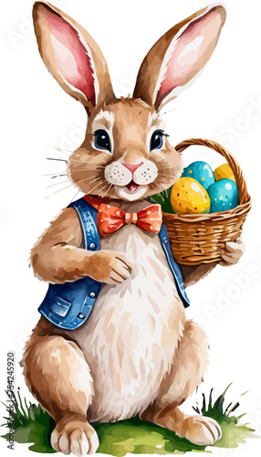 Easter bunny with wicker basket and easter eggs. Cartoon illustration. A vector in watercolor style