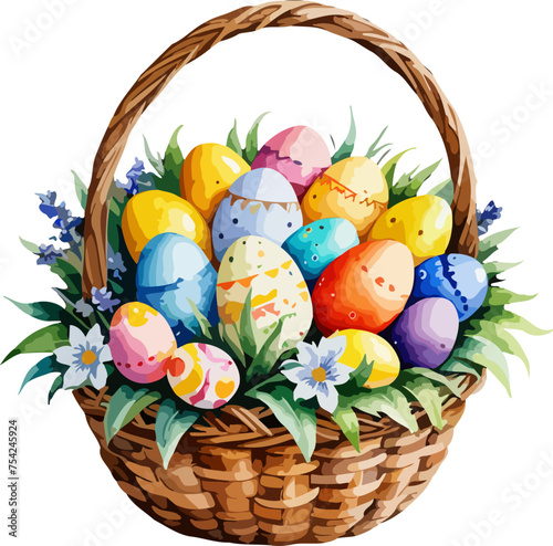 Easter witted basket with easter eggs. Colorful vector in watercolor style.