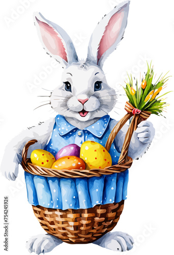 Easter bunny with wicker basket and easter eggs. Cartoon illustration. A vector in watercolor style