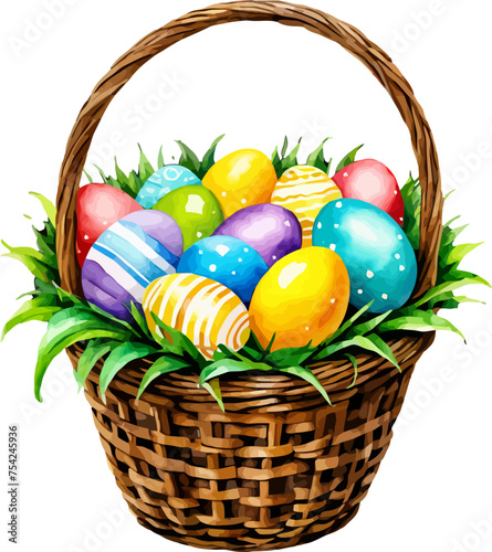 Easter witted basket with easter eggs. Colorful vector in watercolor style.
