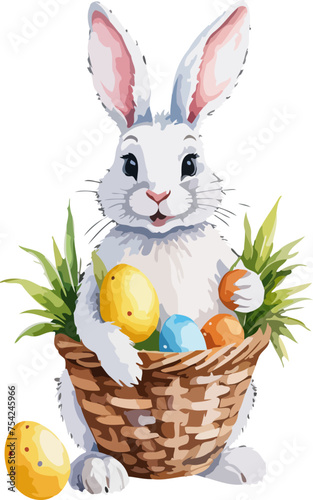 Easter bunny with wicker basket and easter eggs. Cartoon illustration. A vector in watercolor style