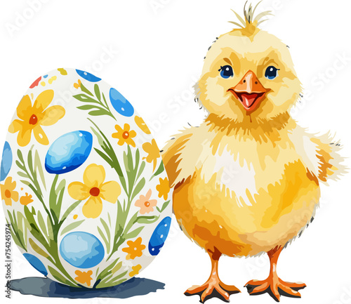 Easter illustration with chick and easter eggs. watercolor style vector