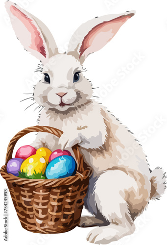 Easter bunny with wicker basket and easter eggs. Cartoon illustration. A vector in watercolor style