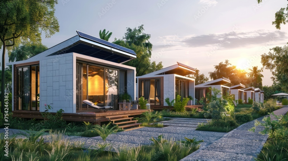 modern houses equipped with solar panels on their roofs, highlighting eco-friendly alternative energy solutions modern houses equipped with solar panels on their roofs, highlighting eco-friendly alternative energy solutions