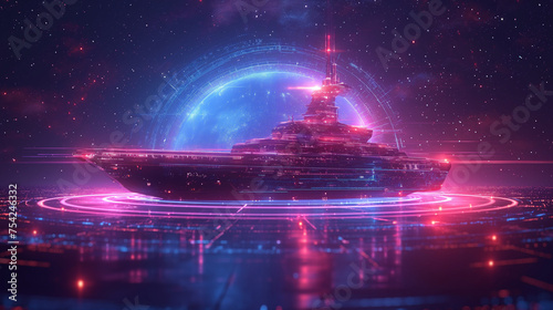 The neon ship in digital background. digital ship concept.