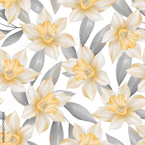 Yellow daffodils flower heads with gray leaves. Seamless floral pattern