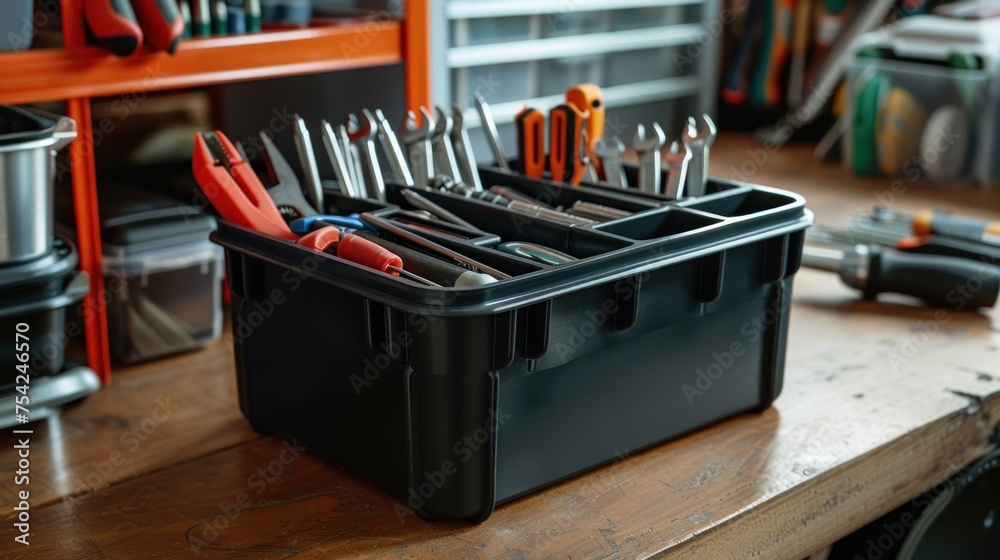 A sleek black plastic container brimming with various tools A sleek black plastic container brimming with various tools