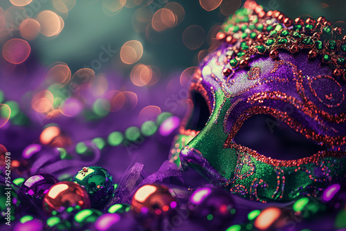 a banner for the Mardi Gras holiday, beads and a masquerade mask on a beautiful sparkling background, an advertising layout, an invitation or a postcard photo