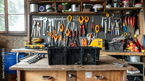 A sleek black plastic container brimming with various tools