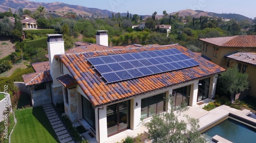 A roof adorned with sleek solar panels, capturing the essence of modern sustainable living