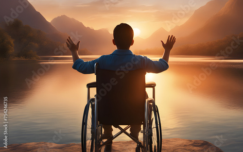 Back view of boy with raised hands up sitting on a wheelchair and enjoying sunset with mountains in the background.
