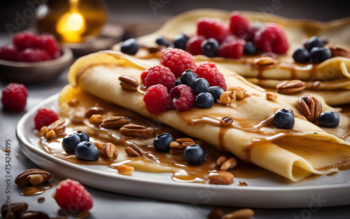 Crepes decorated with nuts and berries and drizzled with honey