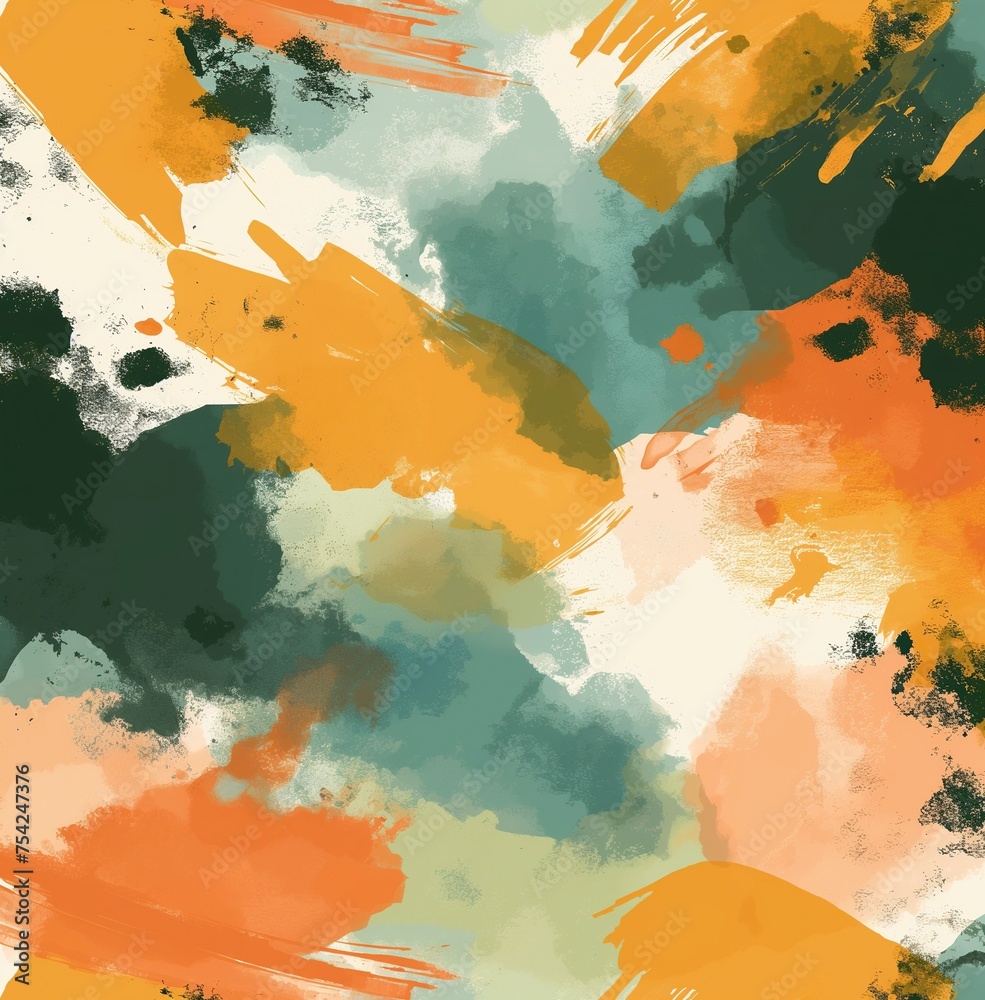 Fototapeta premium Abstract art painting with vibrant orange and teal brush splatters, evoking creativity and emotion