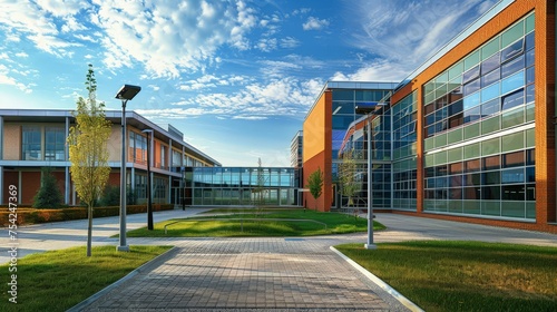 A contemporary corporate building with modern architectural design, serving as a versatile facility for universities, schools, and businesses alike photo