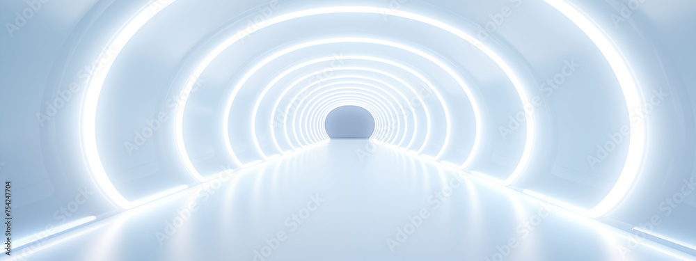 Serene blue and white tunnel illuminated with soft, glowing light rings creating a peaceful, futuristic passage