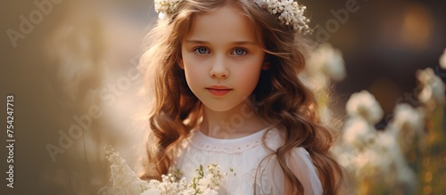 A close-up of a young girl wearing a white dress, resembling that of a bride, holding a bouquet of flowers in a natural setting.