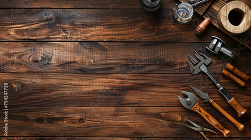 A collection of vintage tools laid out on an aged wooden surface
